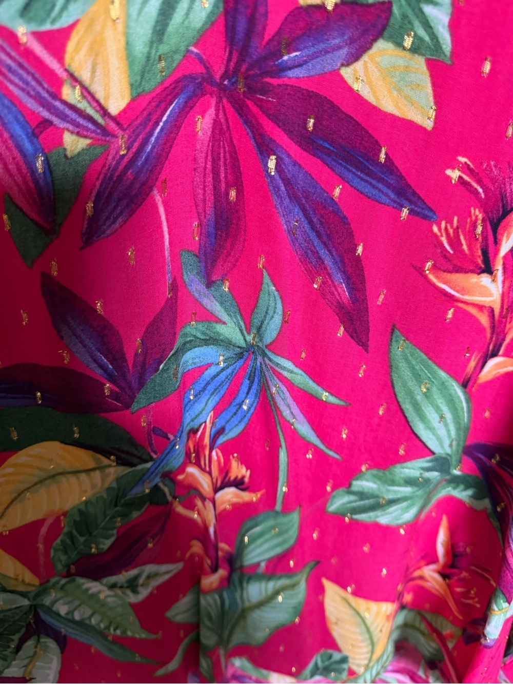 Chico's Fuchsia Tropical Leaf Tassel Blouse - Picture 5 of 12